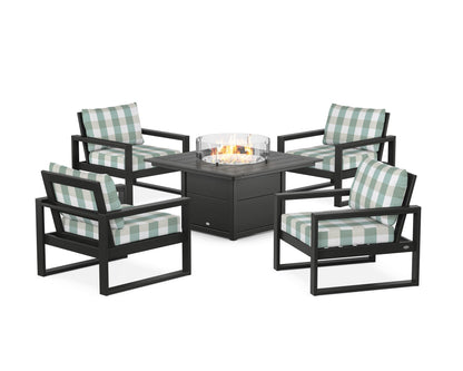 POLYWOOD® EDGE Sectional 5-Piece Deep Seating Set with Fire Pit Table in Black / Buffalo Plaid Glacier Spa