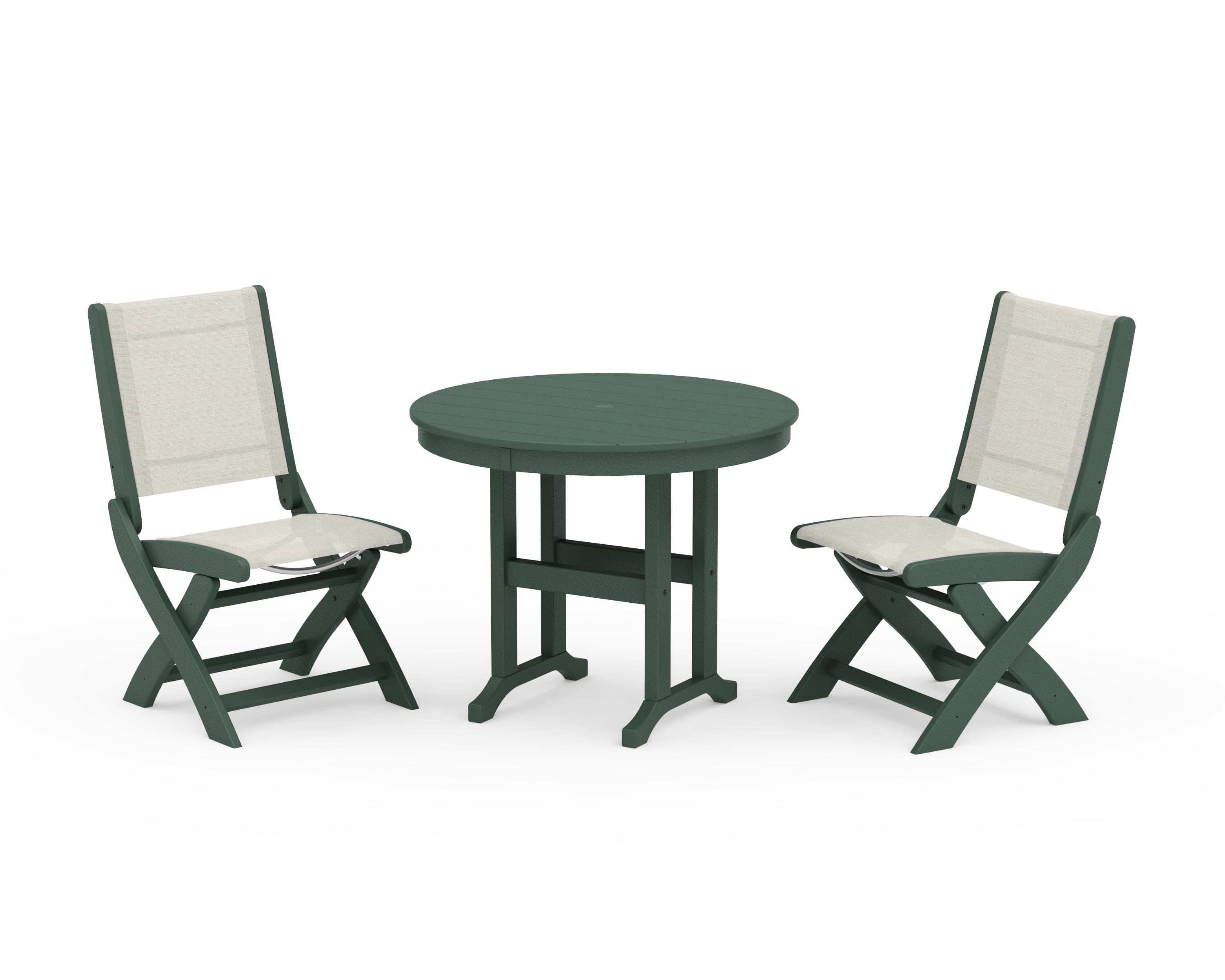 POLYWOOD® Coastal Folding Side Chair 3-Piece Round Dining Set in Green / Parchment Sling