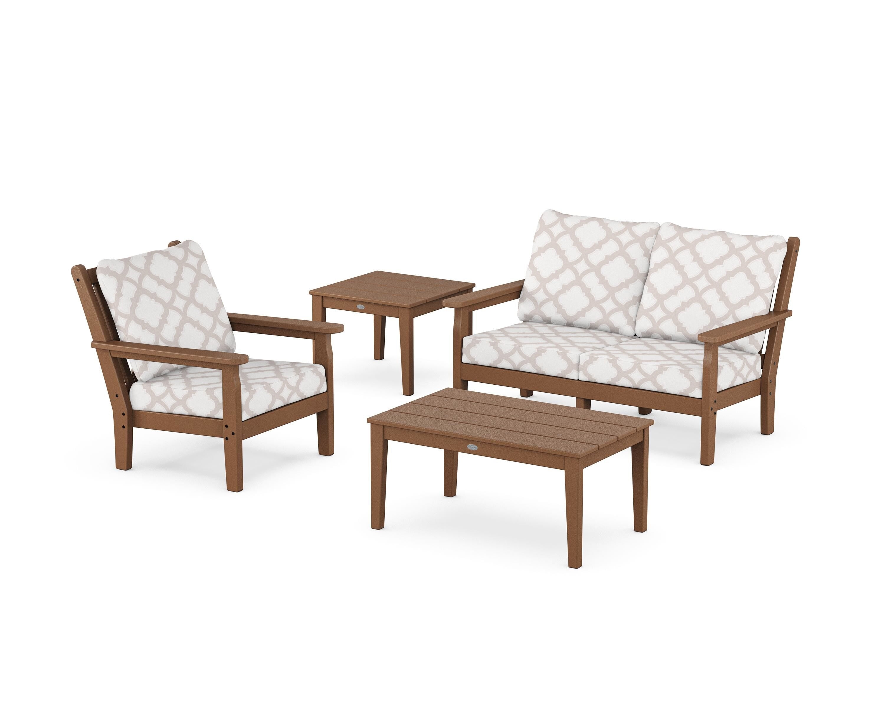 POLYWOOD® Chippendale 4-Piece Deep Seating Set in Teak / Trellis Dune Burlap