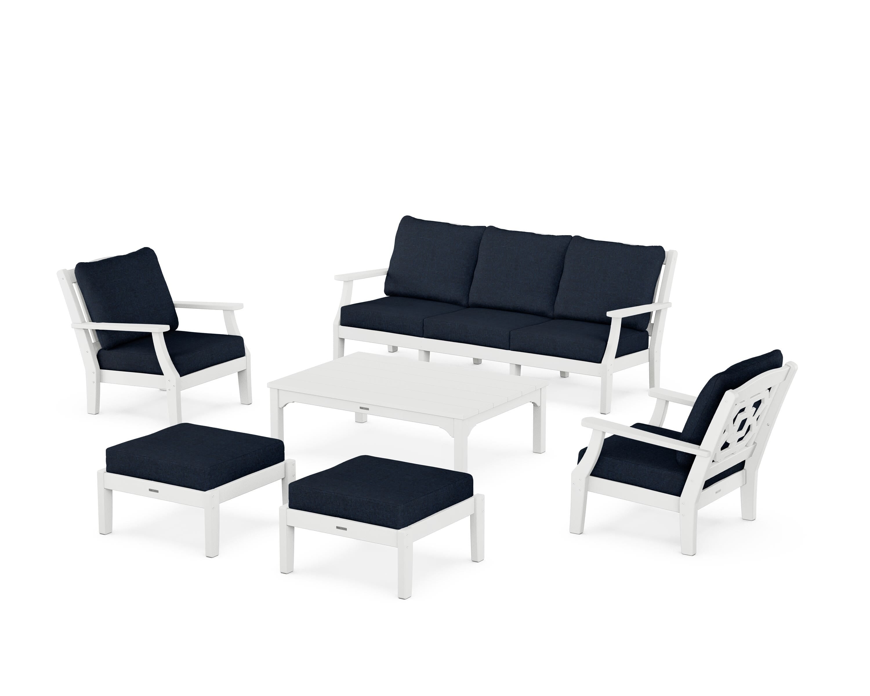 Martha Stewart by POLYWOOD® Chinoiserie 6-Piece Lounge Sofa Set in White / Marine Indigo