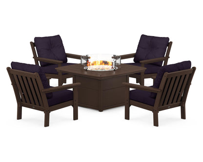 POLYWOOD® Vineyard 5-Piece Conversation Set with Fire Pit Table in Mahogany / Navy Linen