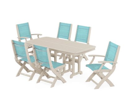 POLYWOOD® Coastal Folding Chair 7-Piece Dining Set in Sand / Dupioni Aquamarine Sling