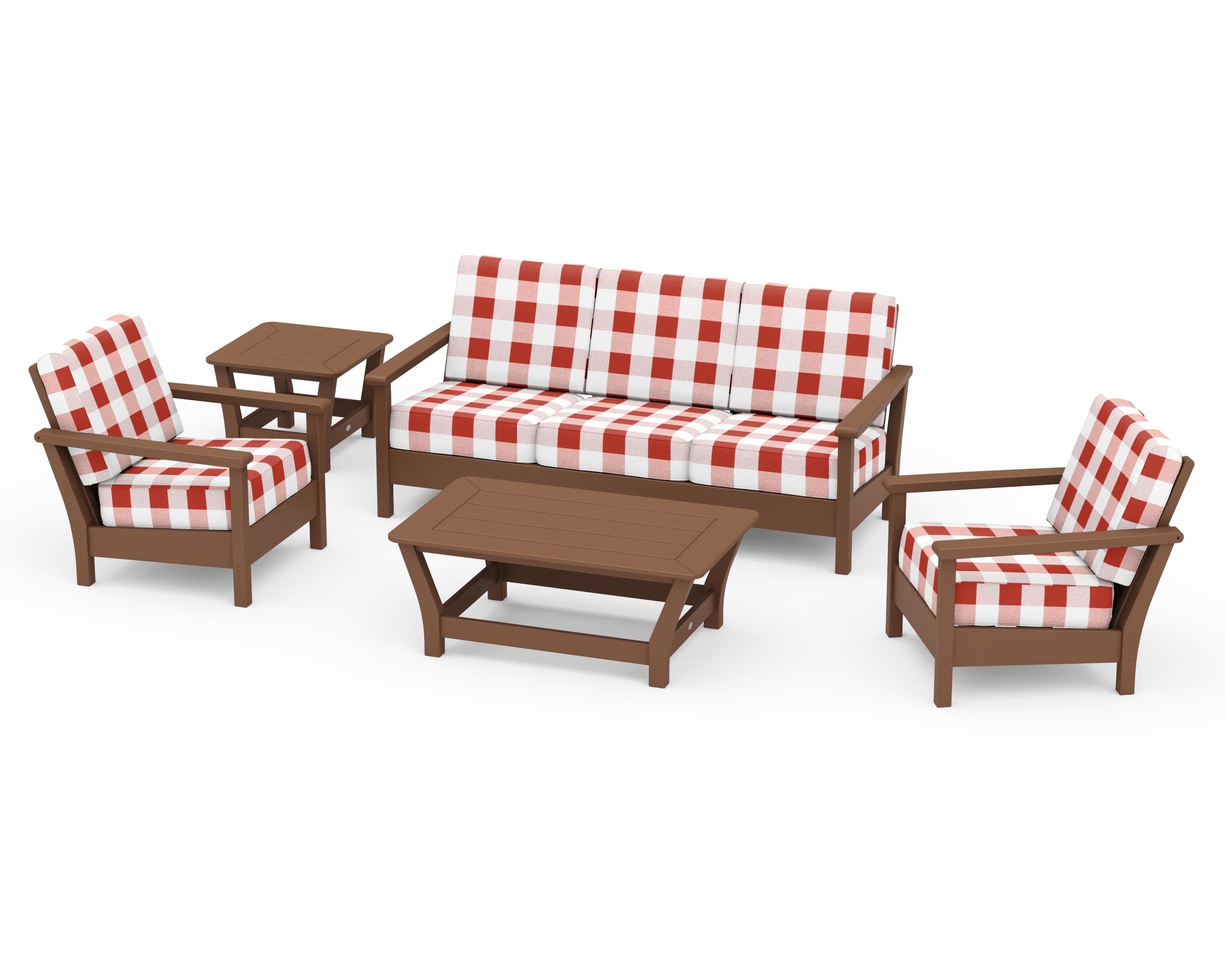 POLYWOOD® Harbour 5-Piece Deep Seating Set in Teak / Buffalo Plaid Crimson