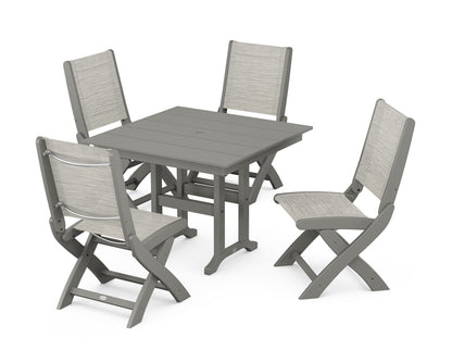 POLYWOOD® Coastal Folding Side Chair 5-Piece Farmhouse Dining Set in Slate Grey / Birch Sling