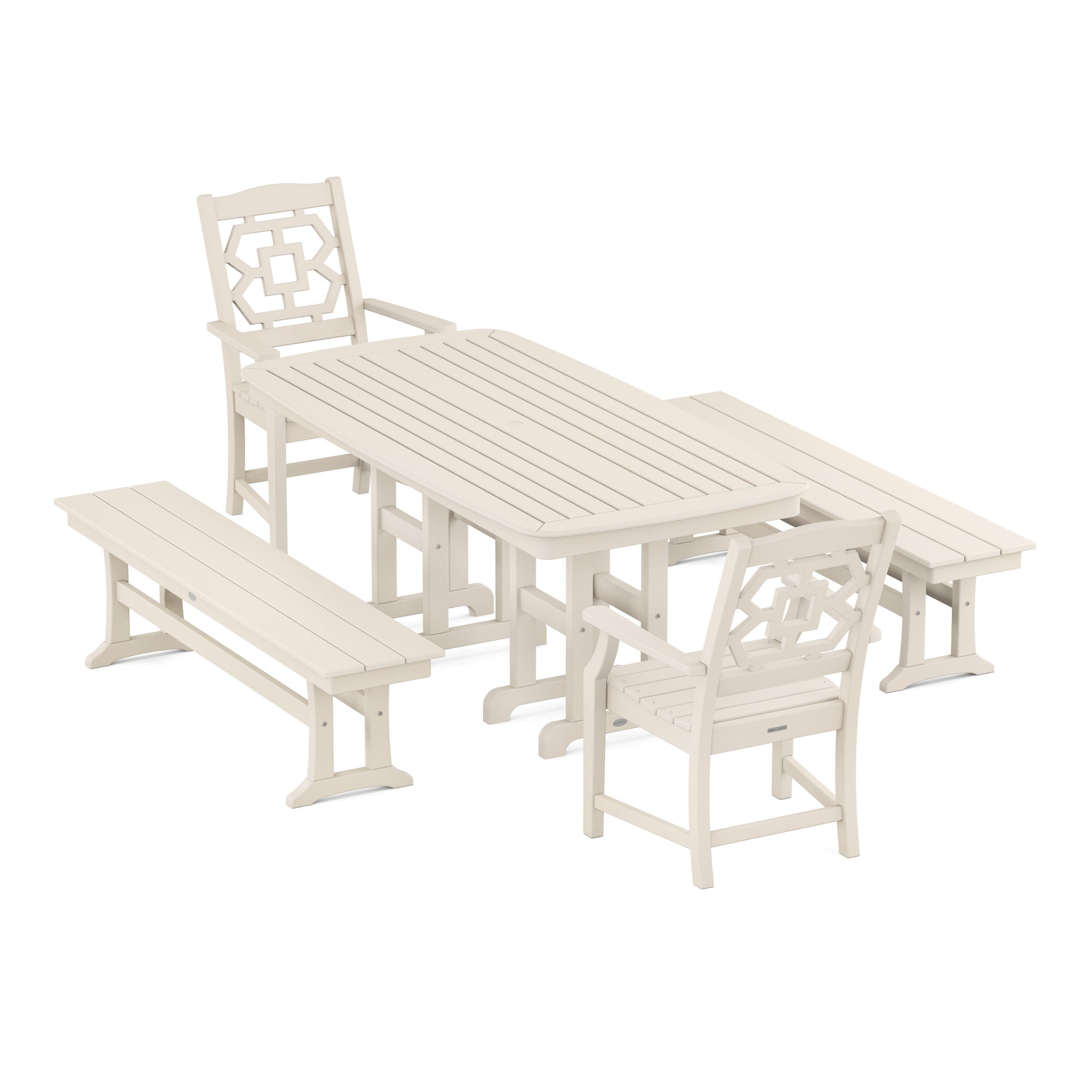 Chinoiserie 5-Piece Dining Set with Benches