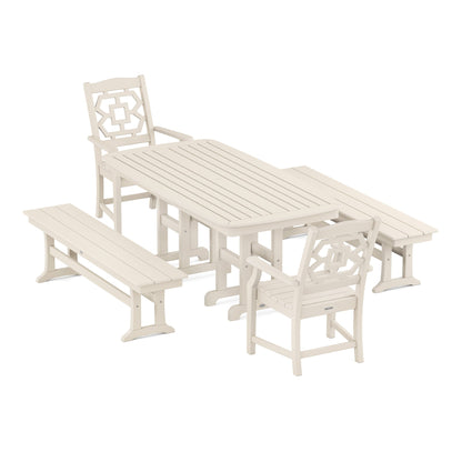 Chinoiserie 5-Piece Dining Set with Benches