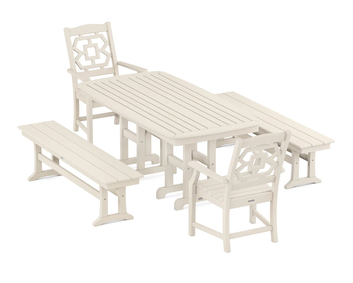 Chinoiserie 5-Piece Dining Set with Benches