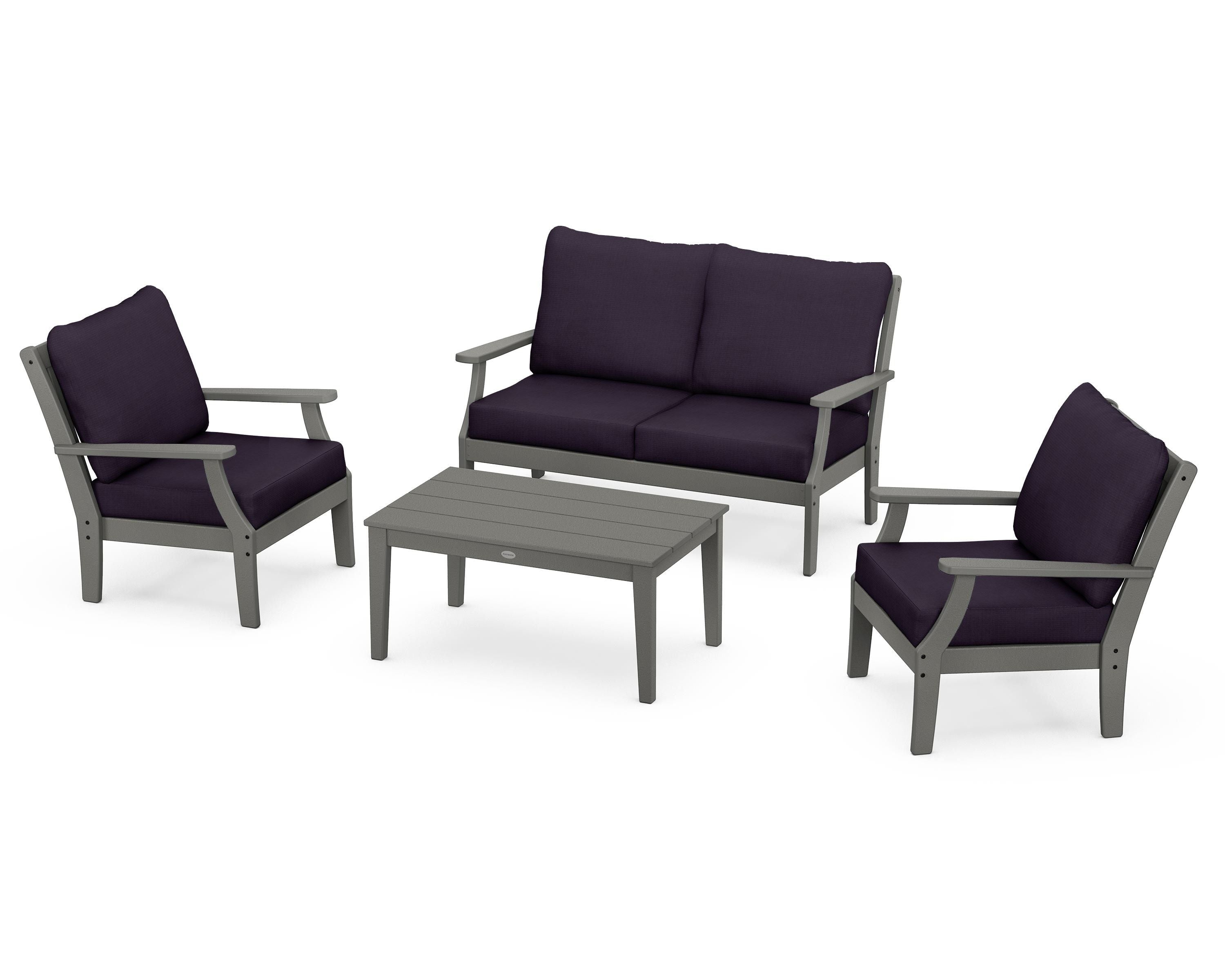 POLYWOOD® Braxton 4-Piece Deep Seating Chair Set in Slate Grey / Navy Linen