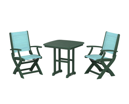 POLYWOOD® Coastal Folding Chair 3-Piece Dining Set in Green / Dupioni Aquamarine Sling