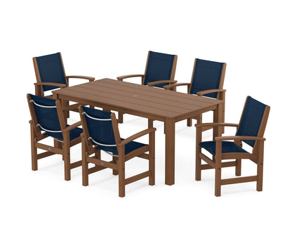 POLYWOOD® Coastal 7-Piece Parsons Dining Set in Teak / Navy Blue Sling