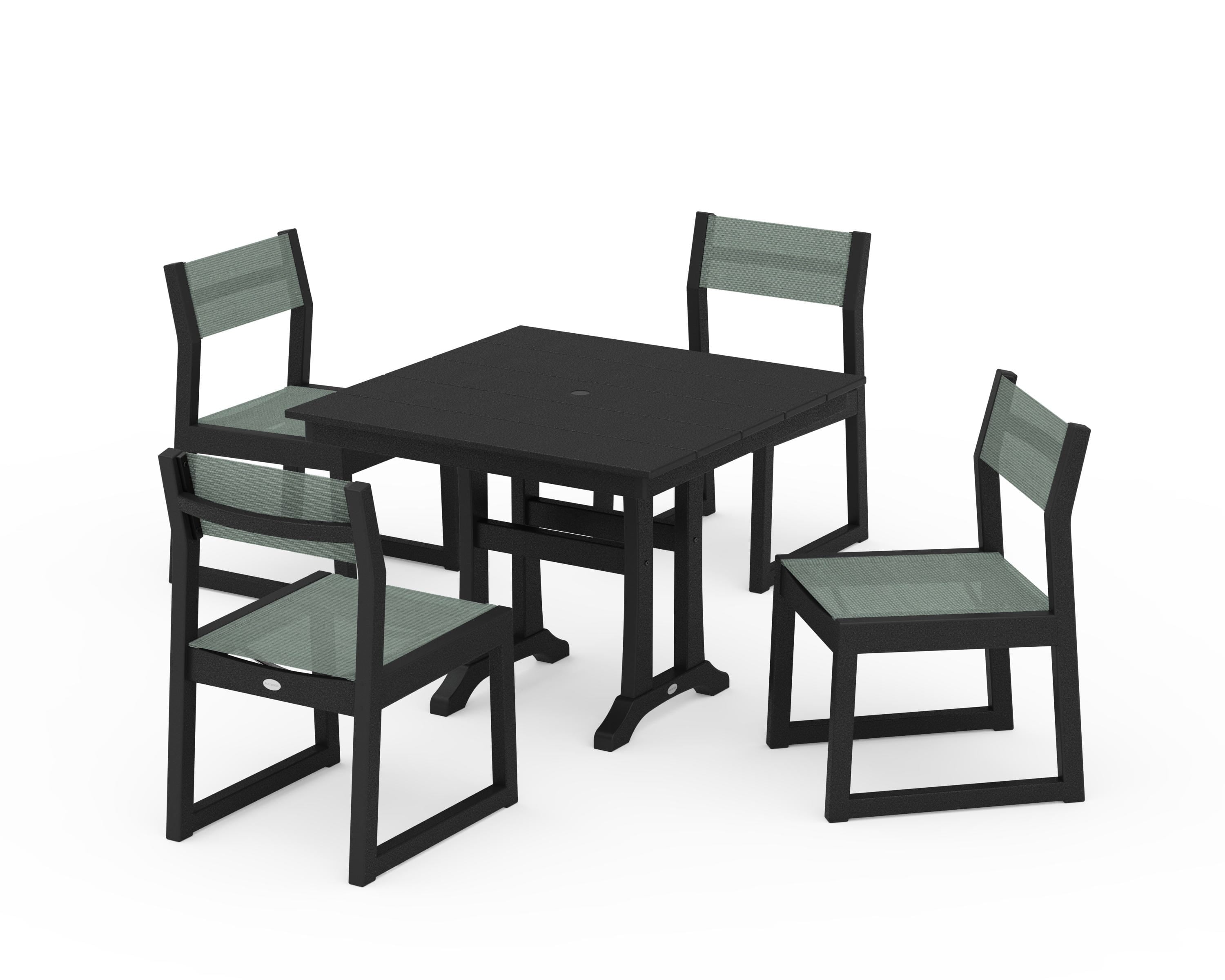 POLYWOOD® EDGE Sling 5-Piece Farmhouse Trestle Side Chair Dining Set in Black / Dupioni Sea Mist Sling