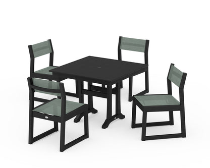 POLYWOOD® EDGE Sling 5-Piece Farmhouse Trestle Side Chair Dining Set in Black / Dupioni Sea Mist Sling