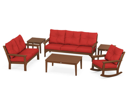 POLYWOOD® Vineyard 6-Piece Deep Seating Set in Teak / Crimson Linen