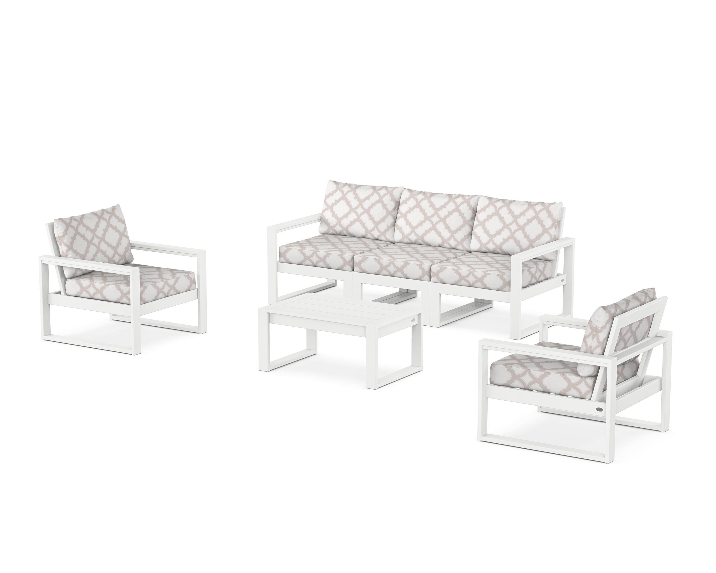 POLYWOOD® EDGE Sectional 4-Piece Deep Seating Set with Sofa in White / Trellis Dune Burlap