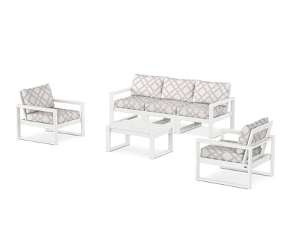 POLYWOOD® EDGE Sectional 4-Piece Deep Seating Set with Sofa in White / Trellis Dune Burlap