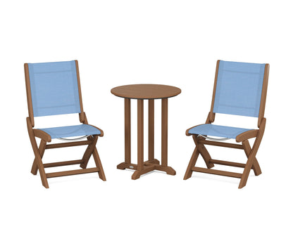 POLYWOOD® Coastal Folding Side Chair 3-Piece Round Bistro Dining Set in Teak / Poolside Sling