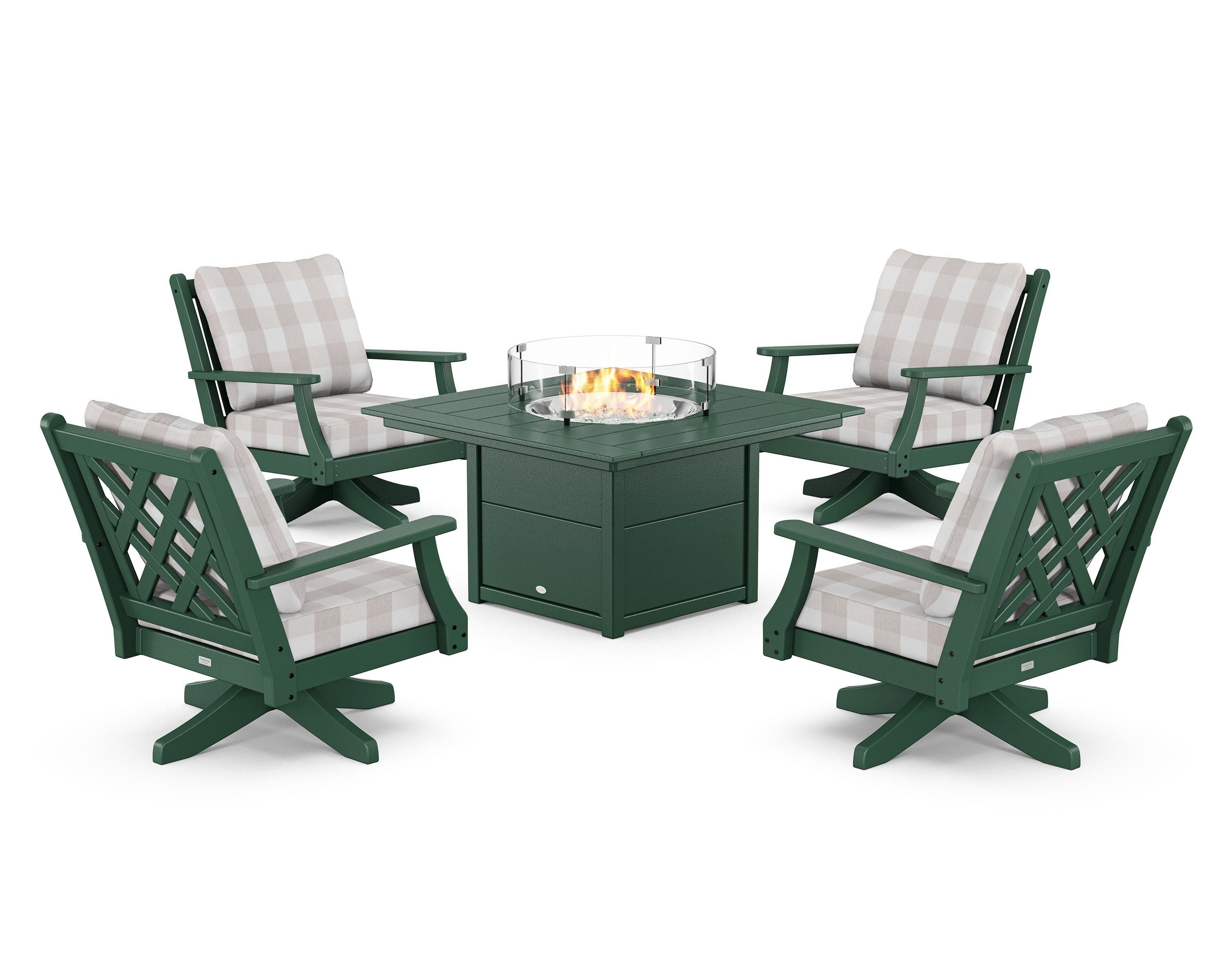 Country Living Wovendale 5-Piece Deep Seating Swivel Conversation Set with Fire Pit Table in Green / Buffalo Plaid Dune Burlap