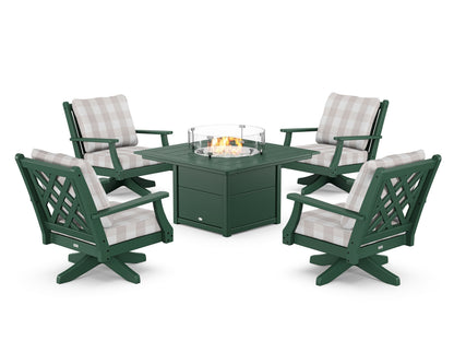 Country Living Wovendale 5-Piece Deep Seating Swivel Conversation Set with Fire Pit Table in Green / Buffalo Plaid Dune Burlap