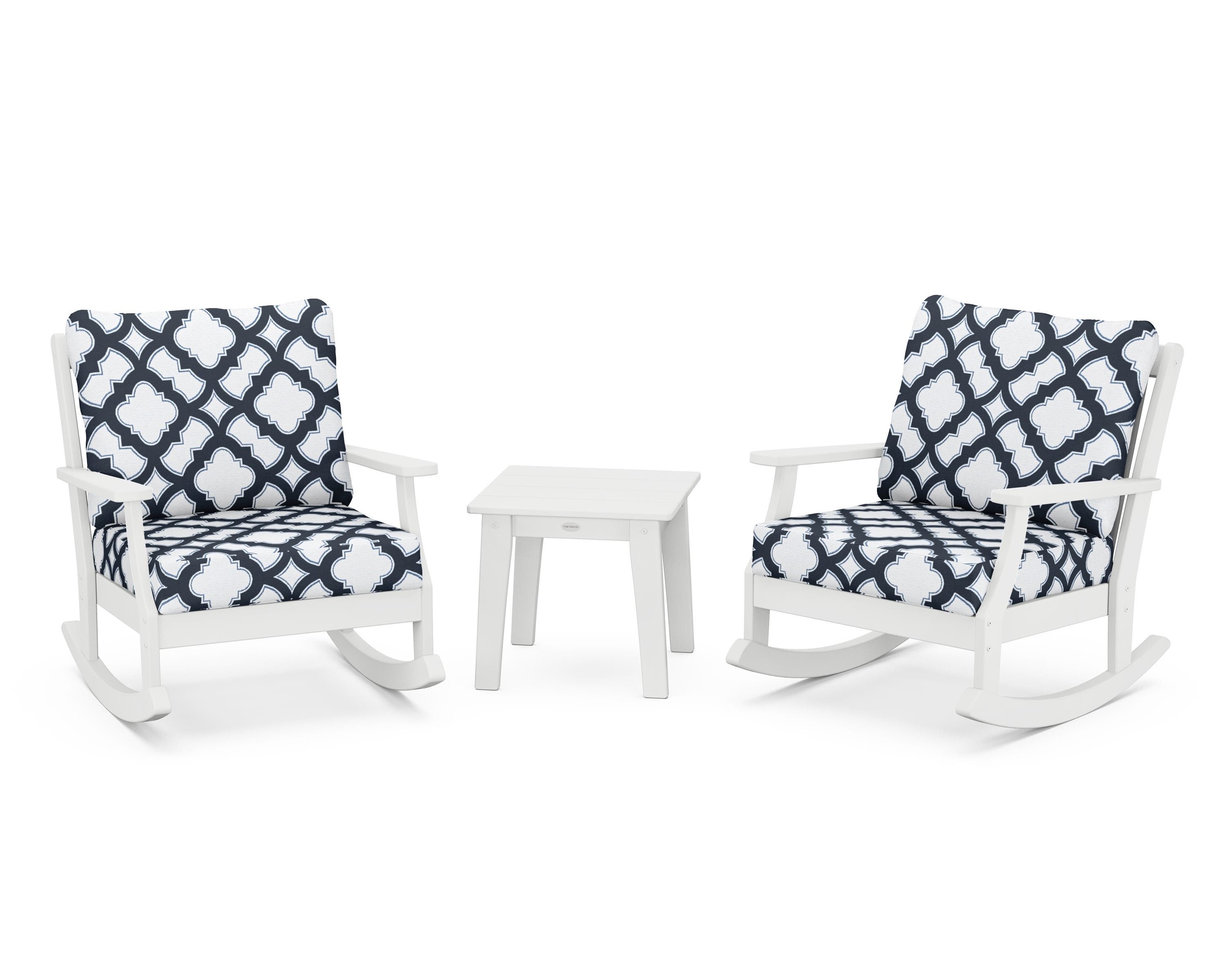 POLYWOOD® Braxton 3-Piece Deep Seating Rocker Set in White / Trellis Marine Indigo