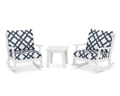 POLYWOOD® Braxton 3-Piece Deep Seating Rocker Set in White / Trellis Marine Indigo