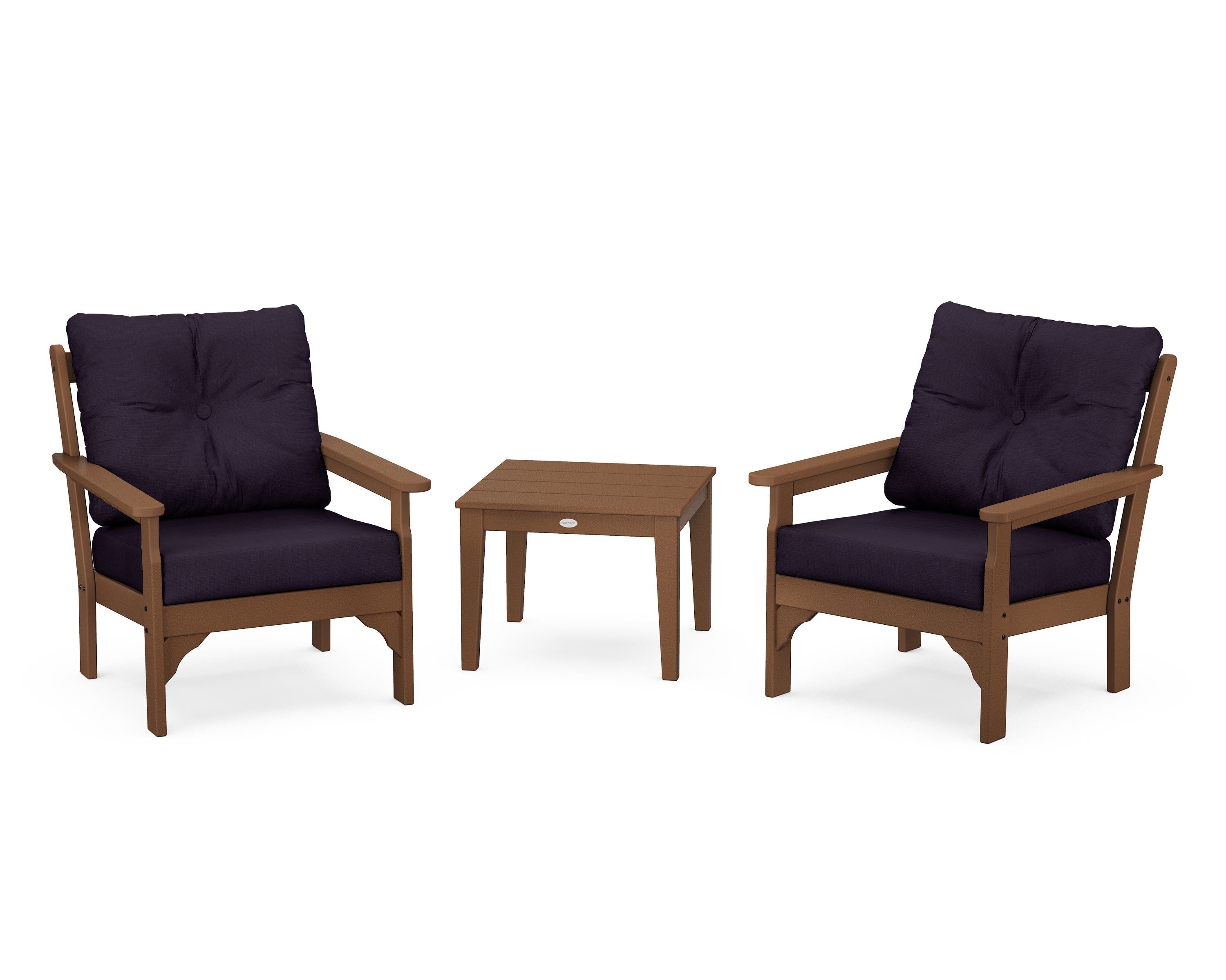 POLYWOOD® Vineyard 3-Piece Deep Seating Set in Teak / Navy Linen