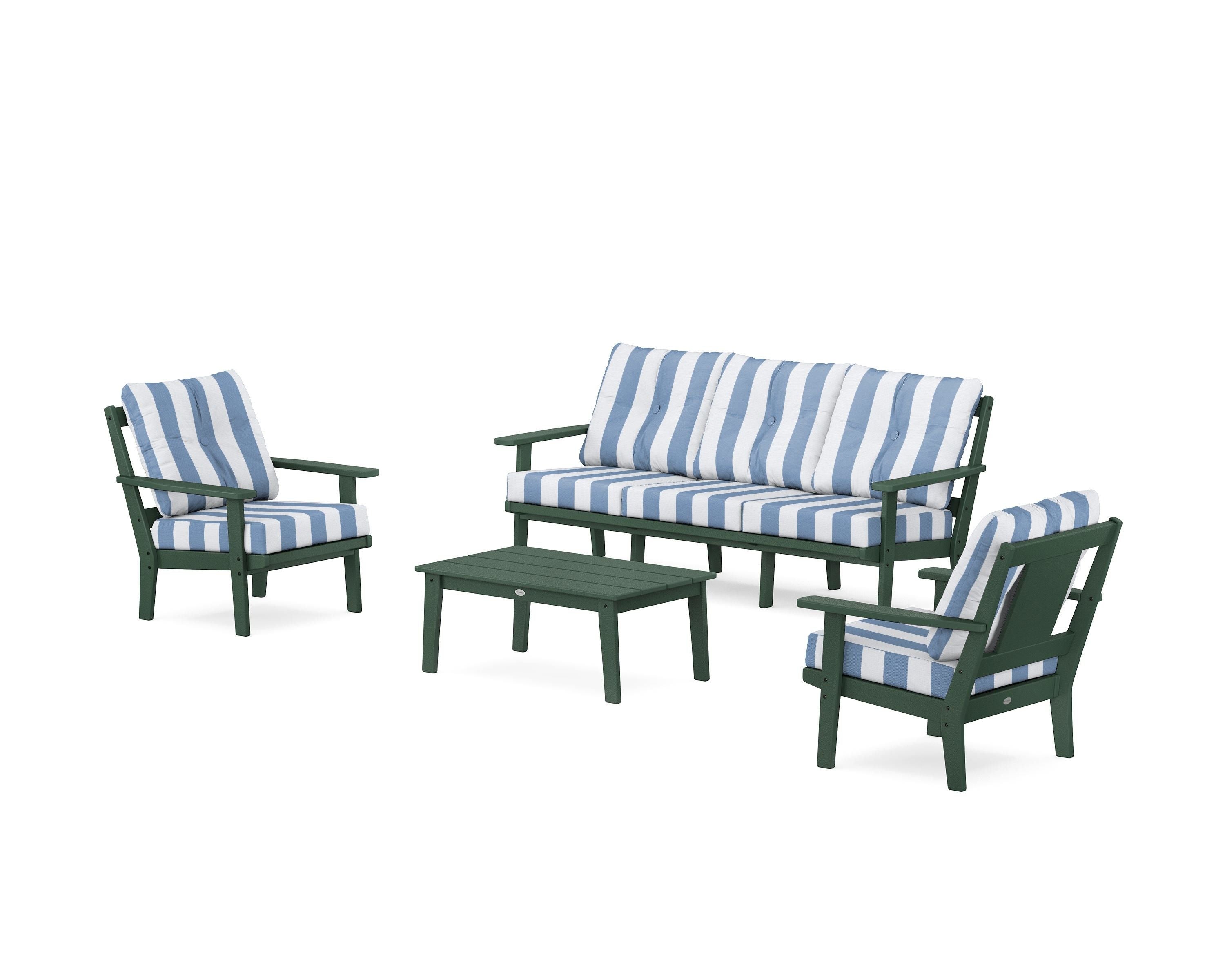 POLYWOOD® Prairie 4-Piece Deep Seating Set with Sofa in Green / Cabana Stripe Sky Blue