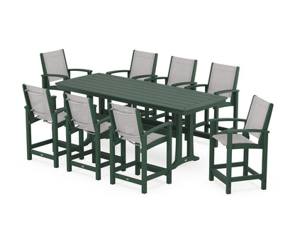 POLYWOOD® Coastal 9-Piece Counter Set with Trestle Legs in Green / Parchment Sling