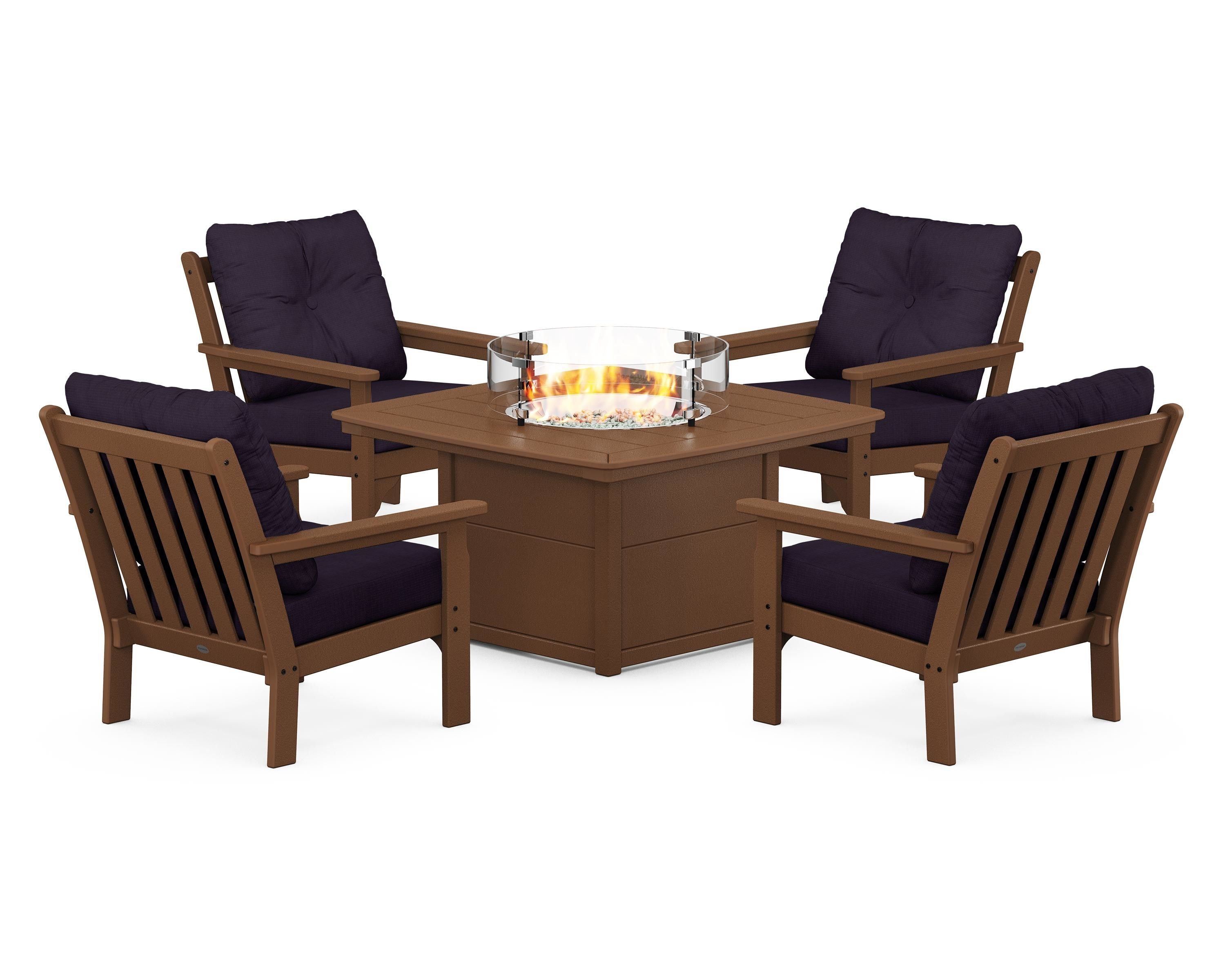 POLYWOOD® Vineyard 5-Piece Conversation Set with Fire Pit Table in Teak / Navy Linen