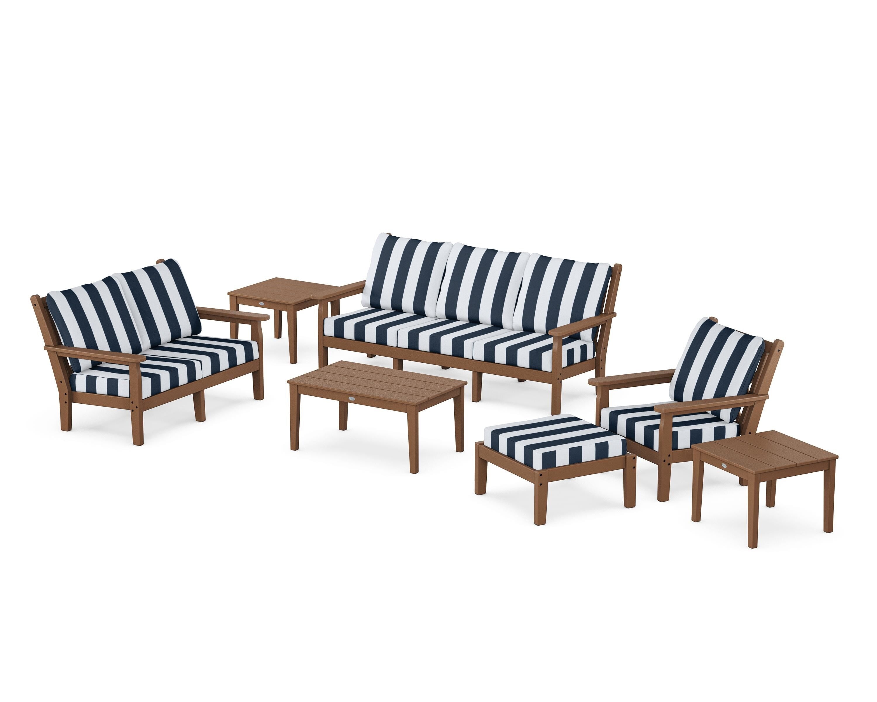 POLYWOOD® Chippendale 7-Piece Deep Seating Set in Teak / Cabana Stripe Marine Indigo