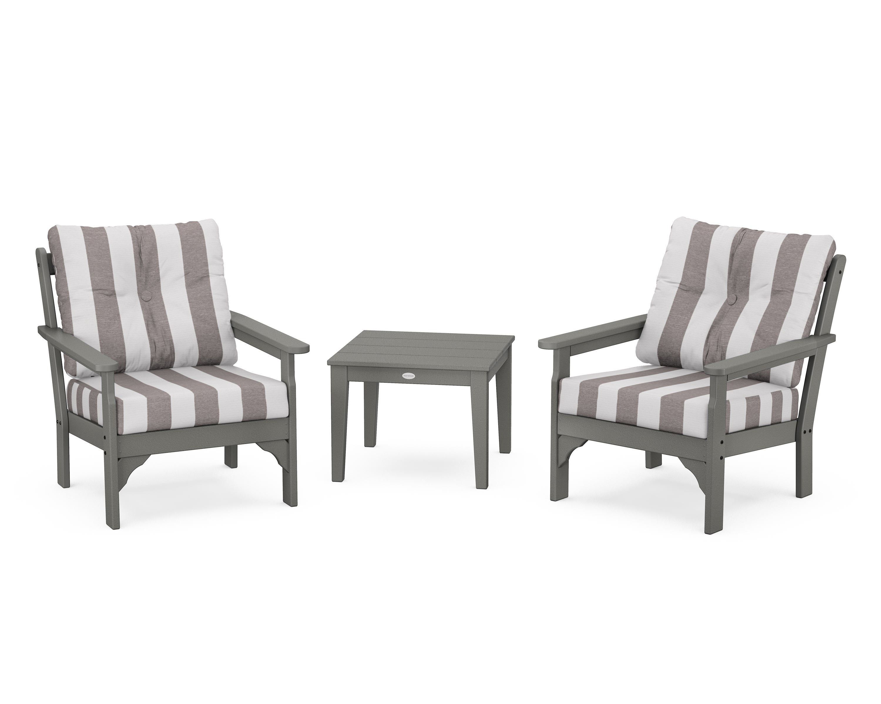POLYWOOD® Vineyard 3-Piece Deep Seating Set in Slate Grey / Cabana Stripe Grey Mist