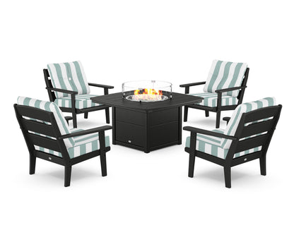 POLYWOOD® Lakeside 5-Piece Deep Seating Set with Nautical Fire Pit Table in Black / Cabana Stripe Glacier Spa