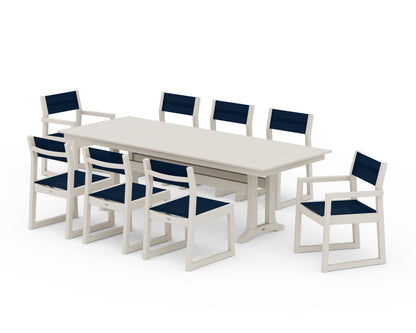 POLYWOOD® EDGE Sling 9-Piece Farmhouse Trestle Dining Set in Sand / Navy Blue Sling