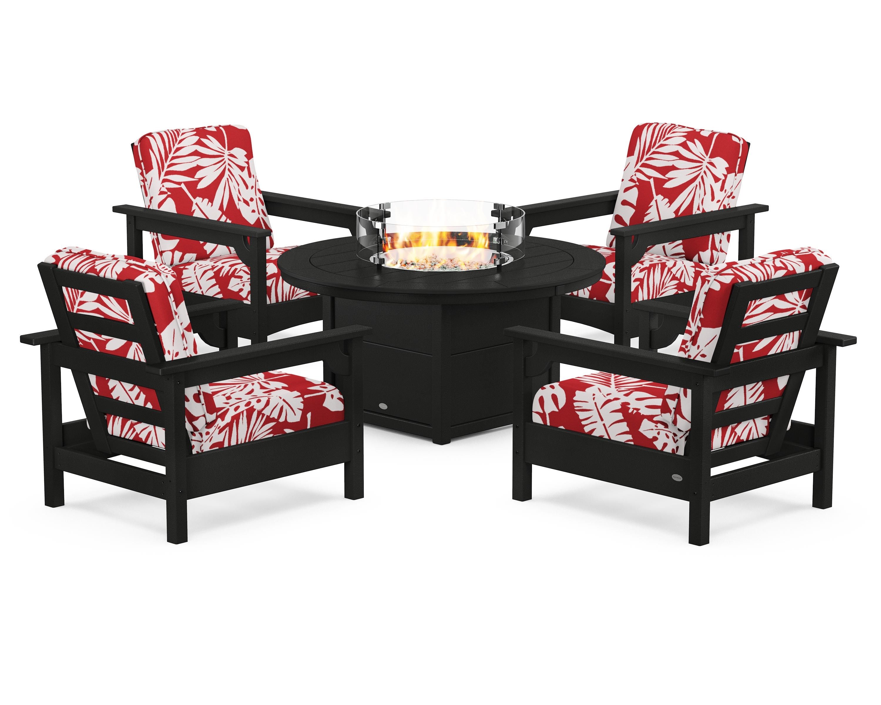 POLYWOOD® Club 5-Piece Conversation Set with Fire Pit Table in Black / Leaf Crimson