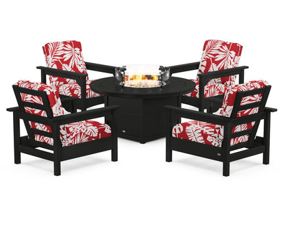 POLYWOOD® Club 5-Piece Conversation Set with Fire Pit Table in Black / Leaf Crimson