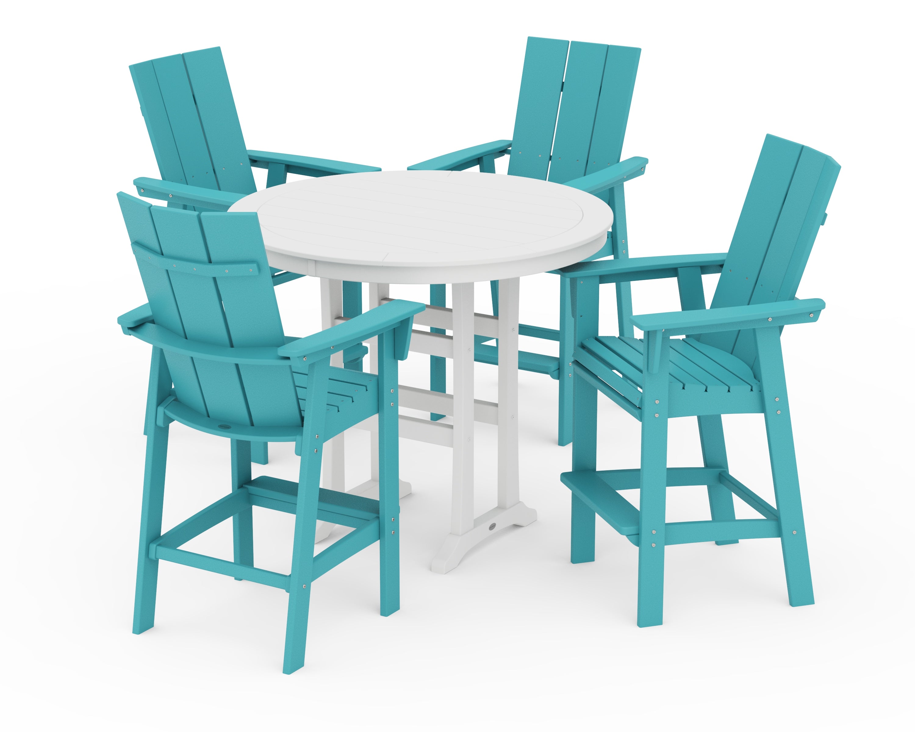 POLYWOOD® Modern Curveback Adirondack 5-Piece Nautical Trestle Bar Set in Aruba / White