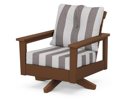 POLYWOOD® Prescott Deep Seating Swivel Chair in Teak / Cabana Stripe Grey Mist