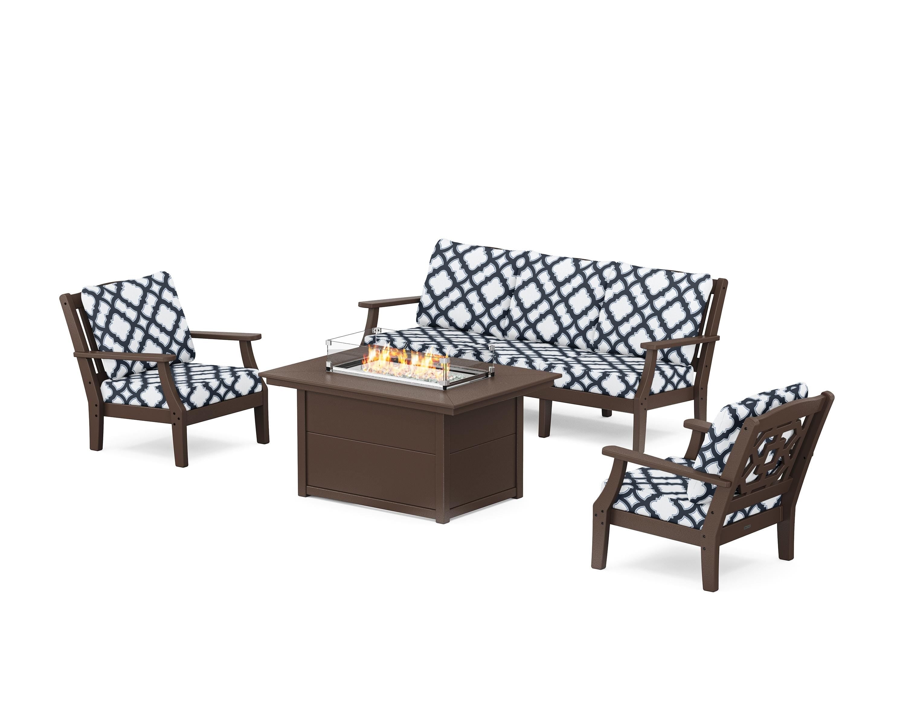 Martha Stewart by POLYWOOD® Chinoiserie Deep Seating Fire Pit Table Set in Mahogany / Trellis Marine Indigo