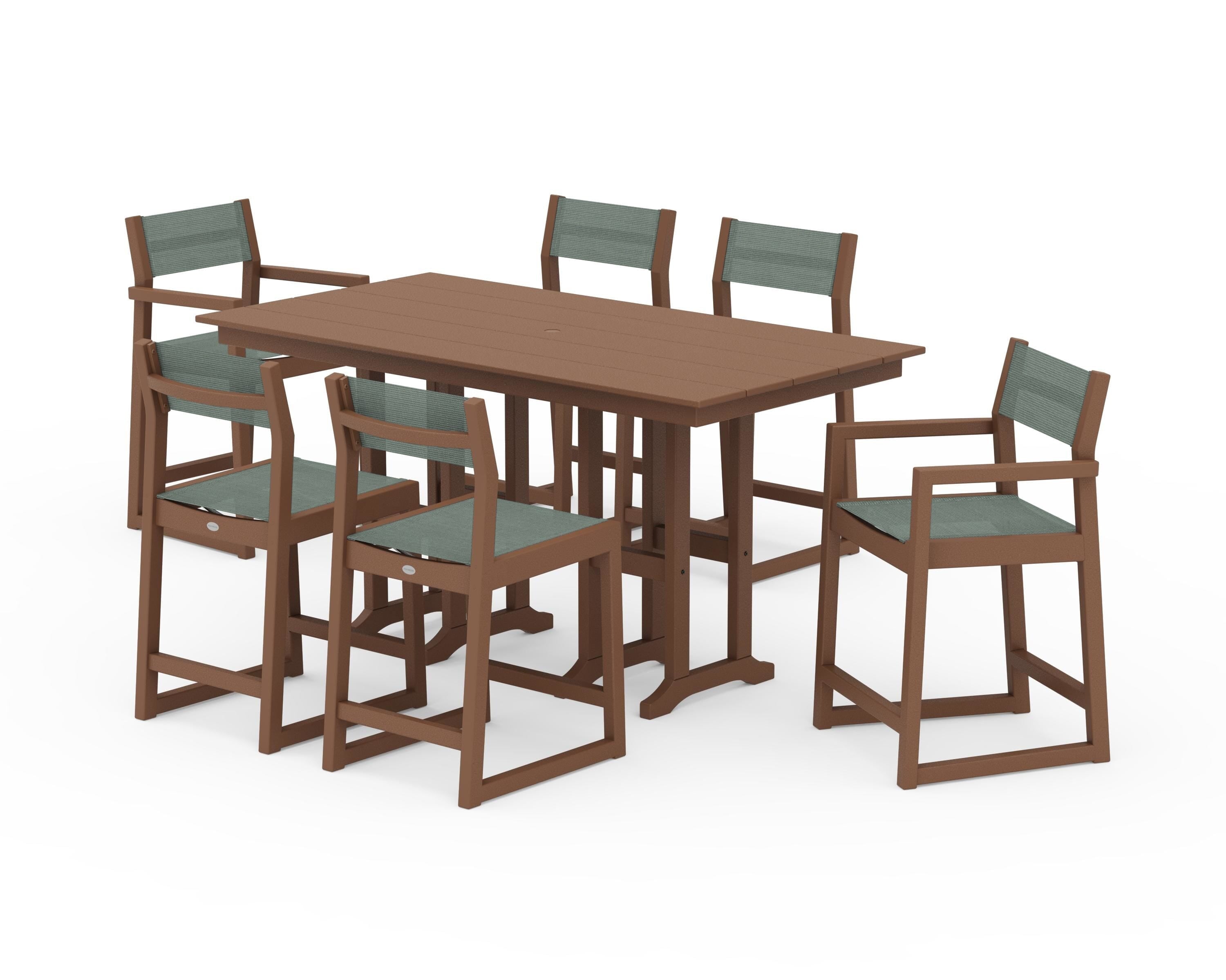 POLYWOOD® EDGE Sling 7-Piece Farmhouse Counter Set with Trestle Legs in Teak / Dupioni Sea Mist Sling