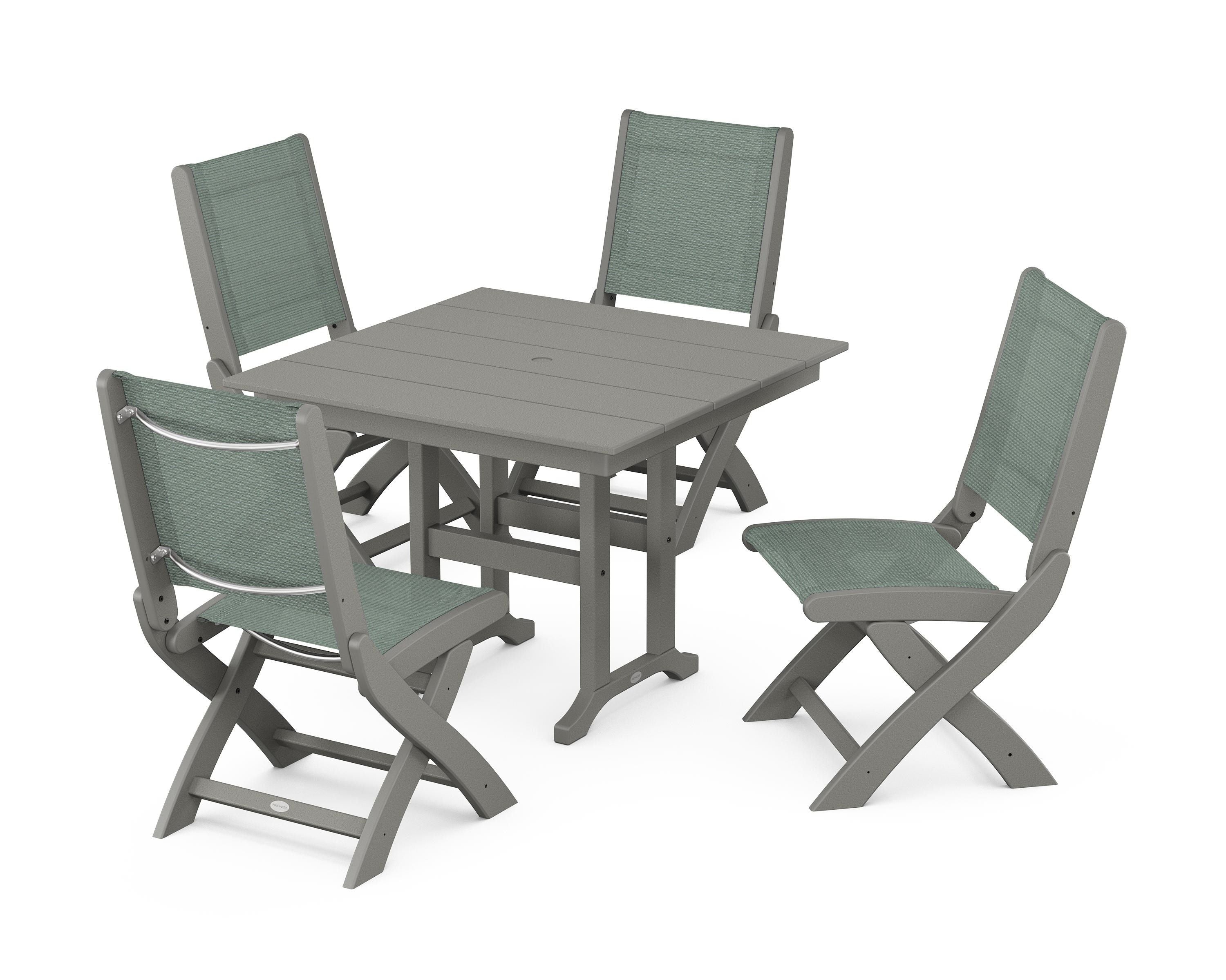 POLYWOOD® Coastal Folding Side Chair 5-Piece Farmhouse Dining Set in Slate Grey / Dupioni Sea Mist Sling