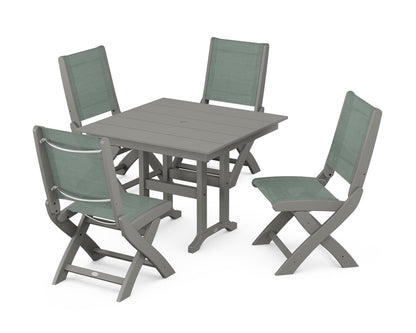 POLYWOOD® Coastal Folding Side Chair 5-Piece Farmhouse Dining Set in Slate Grey / Dupioni Sea Mist Sling