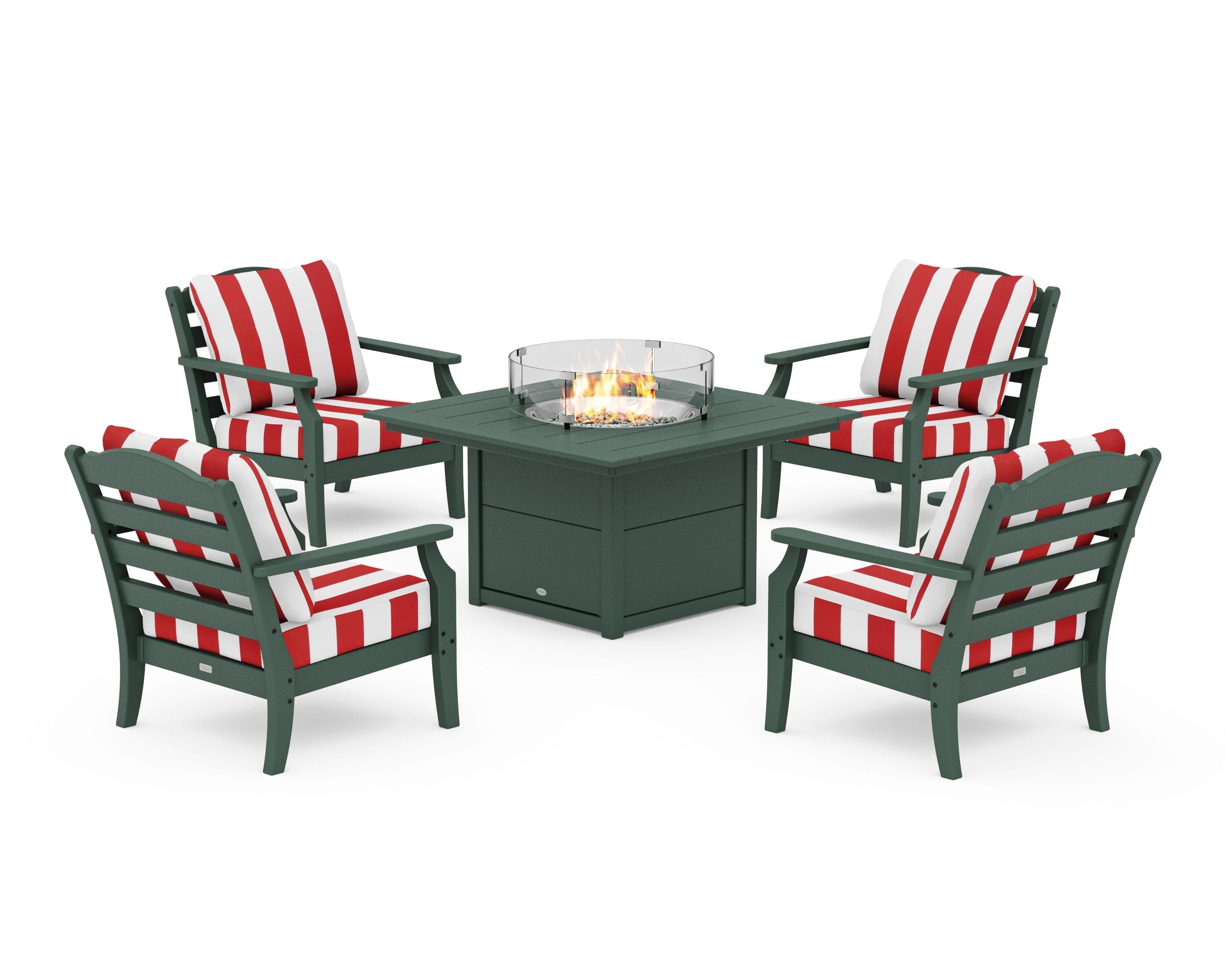 Draper James™ by  POLYWOOD® Savannah 5-Piece Deep Seating Set with Fire Pit Table in Green / Cabana Stripe Crimson