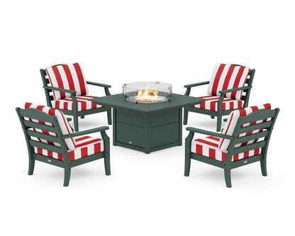Draper James™ by  POLYWOOD® Savannah 5-Piece Deep Seating Set with Fire Pit Table in Green / Cabana Stripe Crimson
