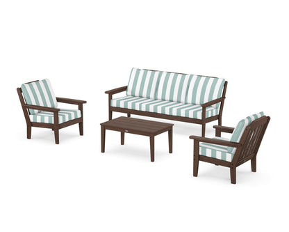 Country Living Cottage 4-Piece Deep Seating Set with Sofa in Mahogany / Cabana Stripe Glacier Spa