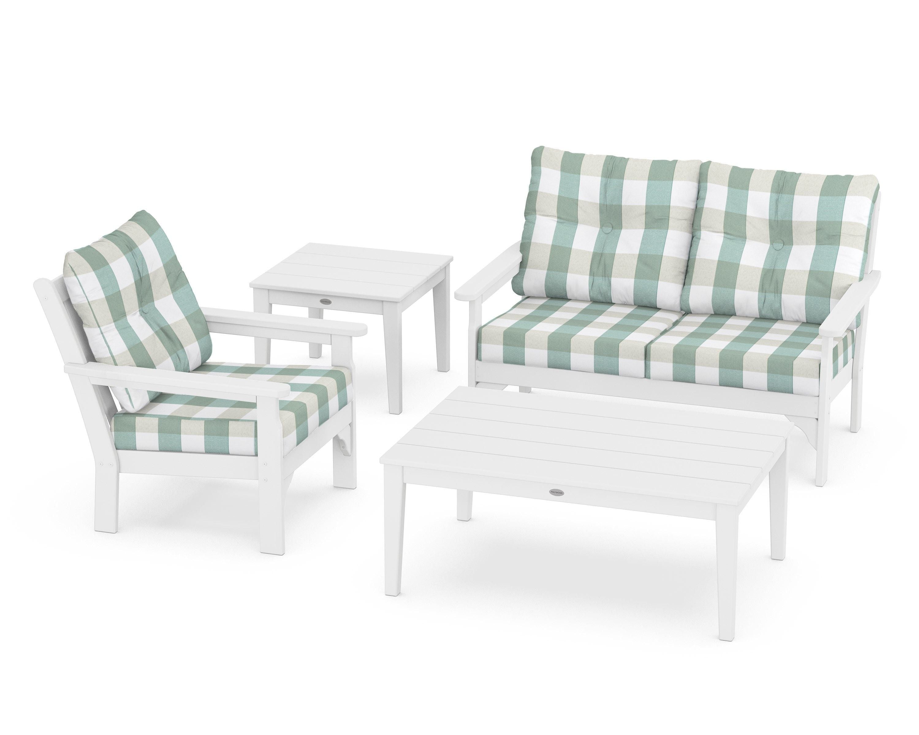 POLYWOOD® Vineyard 4-Piece Deep Seating Set in White / Buffalo Plaid Glacier Spa
