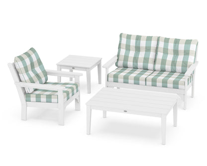 POLYWOOD® Vineyard 4-Piece Deep Seating Set in White / Buffalo Plaid Glacier Spa