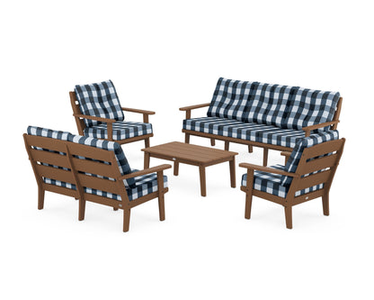 POLYWOOD® Lakeside 5-Piece Lounge Sofa Set in Teak / Buffalo Plaid Marine Indigo