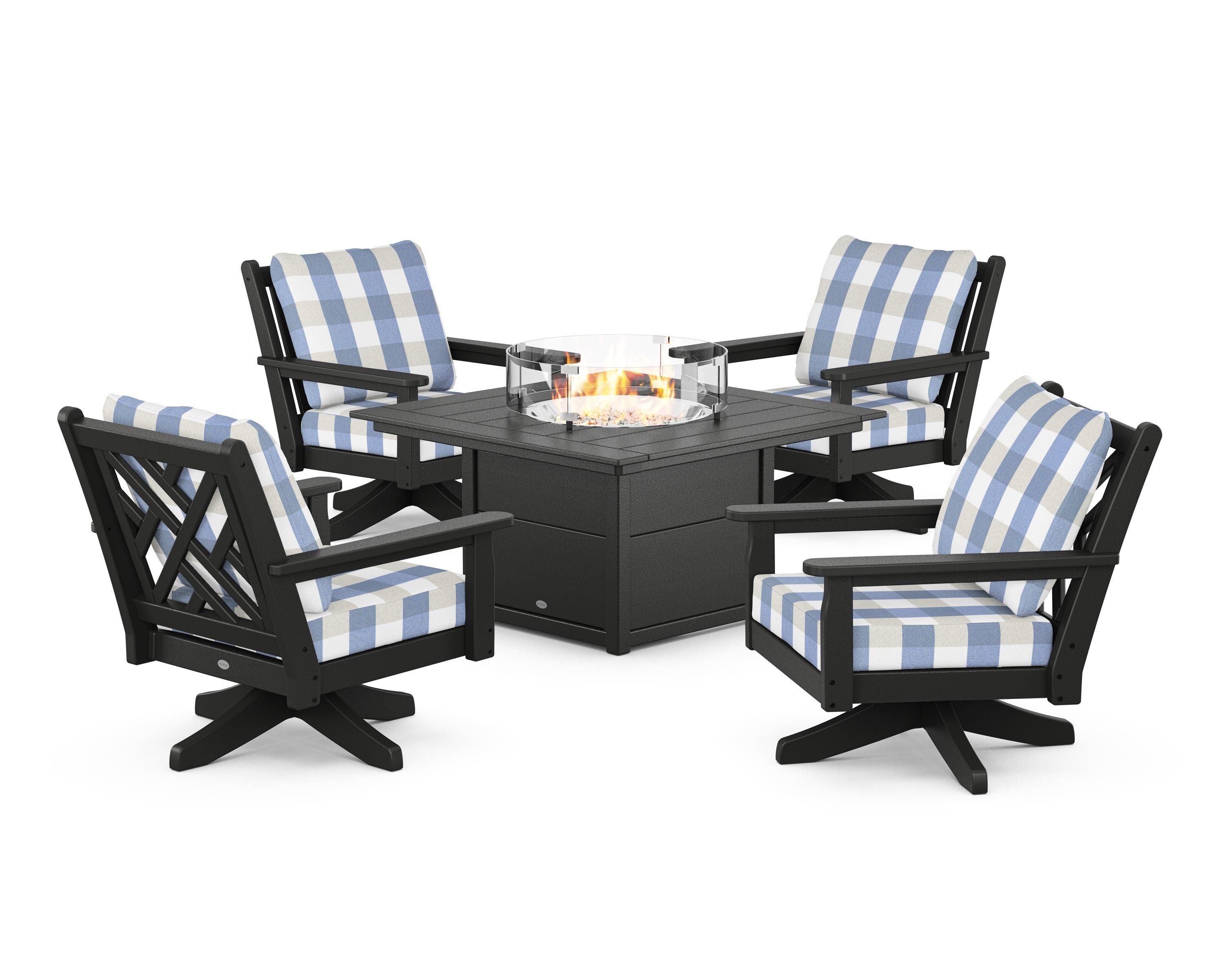 POLYWOOD® Chippendale 5-Piece Deep Seating Swivel Conversation Set with Fire Pit Table in Black / Buffalo Plaid Sky Blue