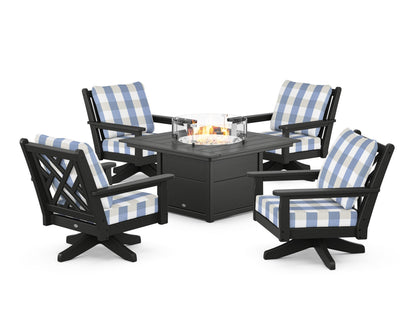 POLYWOOD® Chippendale 5-Piece Deep Seating Swivel Conversation Set with Fire Pit Table in Black / Buffalo Plaid Sky Blue