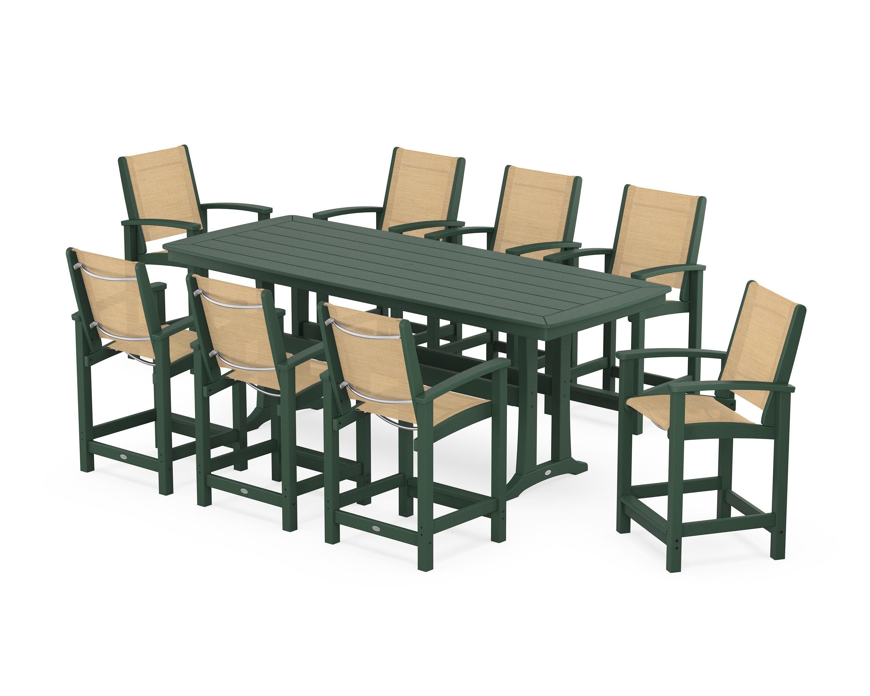 POLYWOOD® Coastal 9-Piece Counter Set with Trestle Legs in Green / Dupioni Apricot Sling