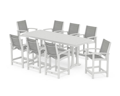 POLYWOOD® Coastal 9-Piece Counter Set with Trestle Legs in White / Metallic Sling